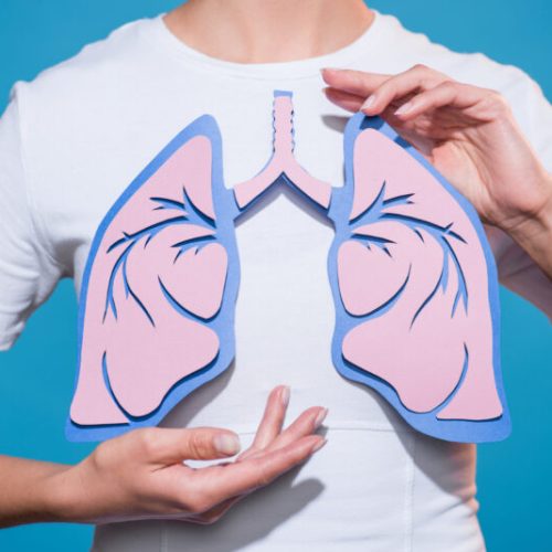 partial view of woman in white tshirt with paper crafted lungs on blue backdrop